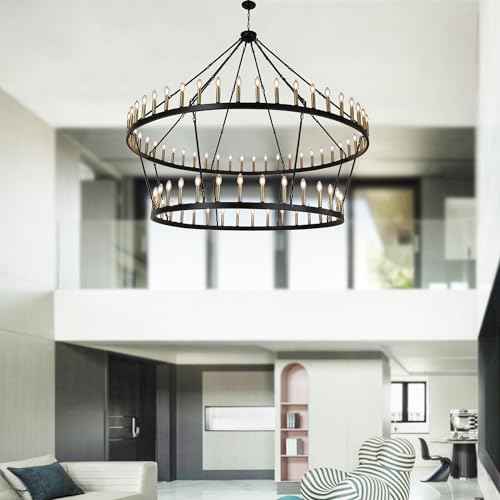 Rustic Farmhouse Wagon Wheel Chandelier Black+Brushed Brass Large Chandeliers for High Ceilings 2 Tier 80Lights 78.7 Inch for Dining Room Living Room Foyer Porch Kitchen Island
