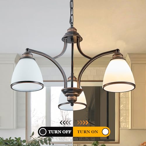 3 Light Classic Rustic Chandelier for Farmhouse with Milk White Frosted Glass Shades Black Dining Room Light Adjustable Height Ceiling Hanging Light Fixtures for Dinner Table
