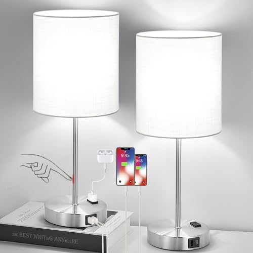 Set of 2 Touch White Table Lamps with 2 USB Ports & AC Outlet (2 Count)