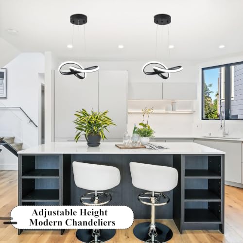 LED Chandelier Modern Pendant Light Fixture 2 Pack Simple Irregular Streamline Ring Light Black with 4500K and 59" Height Adjustable Hanging Lamp for Kitchen Island Hallway Foyer Corridor