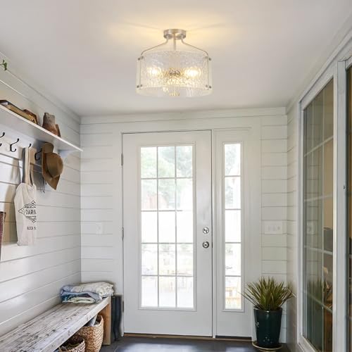Semi Flush Mount Ceiling Light Fixture Glass Drum Chandelier Entryway Light Fixture 16''Brushed Nickel Flush Mount Ceiling Lights 3