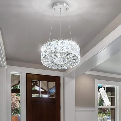 Modern Ring Crystal Chandelier Remote Dimmable Pendant Ceiling Light Fixtures for Living Room Kitchen Island Dining Room Silver