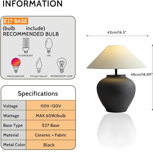 Farmhouse Table Lamps Black 18.8" Tall Ceramic Table Lamp Rustic Southwestern Clay Pot Ceramic Lampshade with Fabric Shade Bedside Nightstand for Living Room Bedroom House Office Entryway