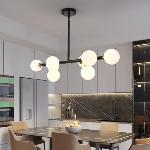 Sputnik Black and Gold Chandelier Pendant Linear Light Modern Mid Century Light Fixture White Globe Shade for Dining Living Room Kitchen Island 8