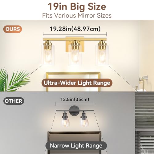 19" Gold Modern Vanity Lights Over Mirror with Clear Glass Shades