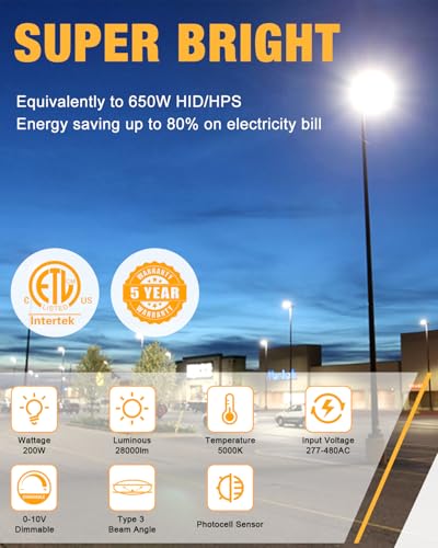 LED Parking Lot Light 200W 28000LM 5000K