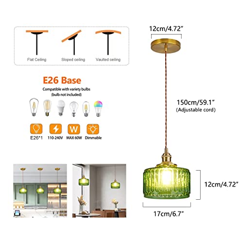 Single Glass Pendant Light Green Striped Glass Shade Brushed Brass Gold Pendant Lights Fixture Farmhouse 1