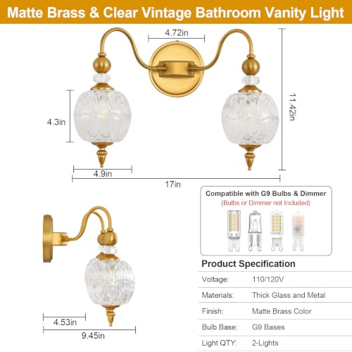 Vintage 2 Light Bathroom Vanity Light Over Mirror (Antique Gold & Clear / 2-Light)