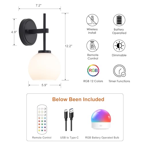 Black Wireless Rechargeable Wall Sconces with Remote Control (2 Count)