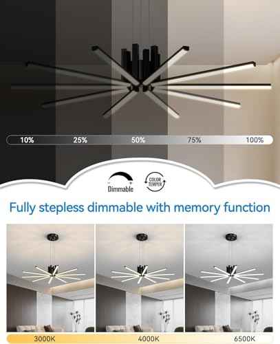 Modern Led Chandelier, Dimmable Sputnik Light Fixture with Remote Control, Modern Pendant Light for Dining Room Kitchen Living Room Entryway, 3000K-6500K (Black)