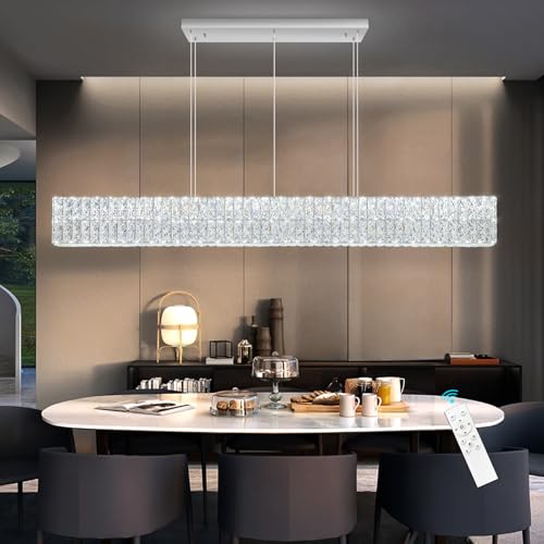 Rectangular Crystal Chandelier Dimmable LED Linear Chandeliers for Dining Room Remote Ceiling Pendants Light Fixture for Kitchen Island Silver