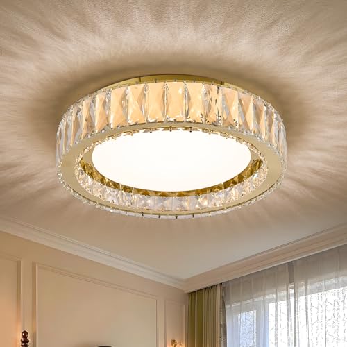15 Inch Gold Dimmable Crystal LED Flush Mount Ceiling Light