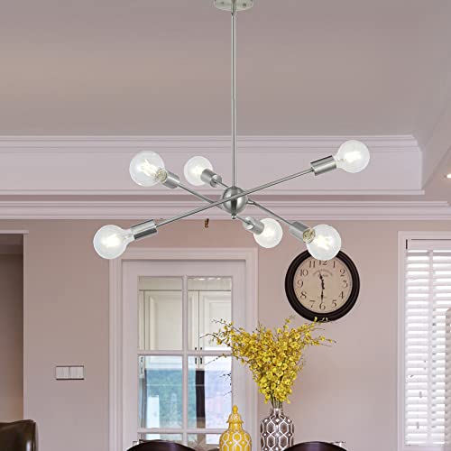 Sputnik Chandelier 6 Lights Modern Pendant Lighting Brushed Nickel Mid Century Flush Mount Ceiling Light Fixture by UL Listed
