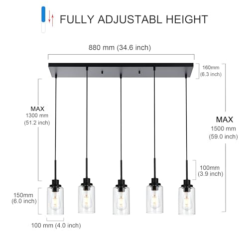 5 Light Black Pendant Lights for Kitchen Island with Clear Glass
