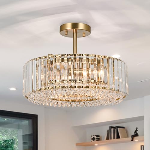 15.8“ Modern Crystal Chandelier Gold Round Semi Flush Mount Ceiling Light Fixture Chandelier for Living Room Dining Room Bedroom Hallway Entryway Kitchen