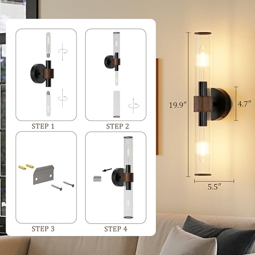 Black Walnut Battery Operated Wall Sconces Set of 2