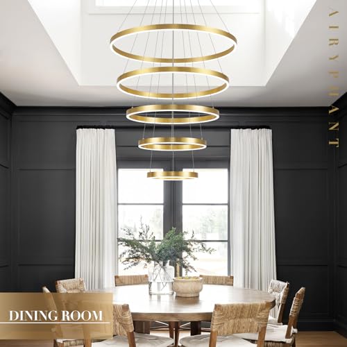 Gold Modern LED Chandeliers 5 Rings Chandelier for High Ceiling 31" Large Foyer Chandelier Entryway Dimmable Pendant Light Fixture for Living Room Staircase (5 Count)