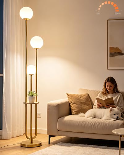 63IN Dimmable Gold Floor Lamp with Shelf Mid Century Standing Lamps with 3000K Bulbs Included Modern Globe Floor Lamp for Living Room (3 Count)