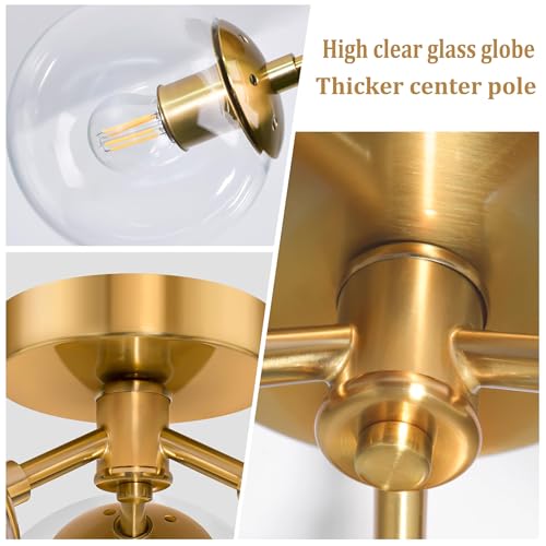3 Light Modern Gold Semi Flush Mount Ceiling Lights Clear Glass Globe Ceiling Lights Mid Century Brass Chandelier Modern Sputnik Ceilings Light Fixture for Bedroom Hallway Entryway Living Room