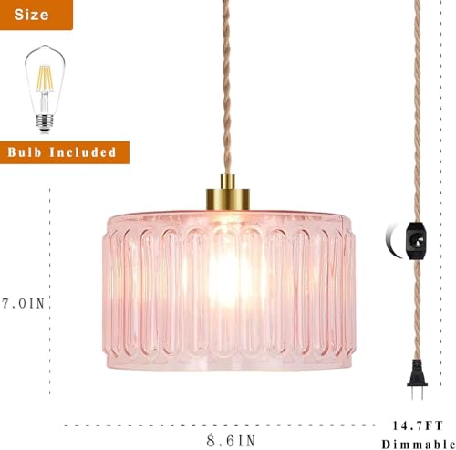 Pink Plug in Pendant Light Glass Hanging Lights with Plug in Cord Boho Hanging Lamp Gold Mid Century Modern Vintage Dimmable Flower Plug in Chandelier Ceiling Fixture for Living Room