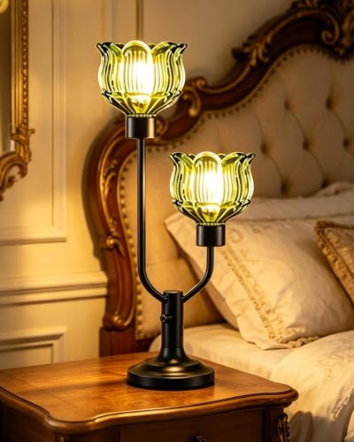 Green Glass Table Lamp Vintage Black Flower Lamp Gift Dimmable