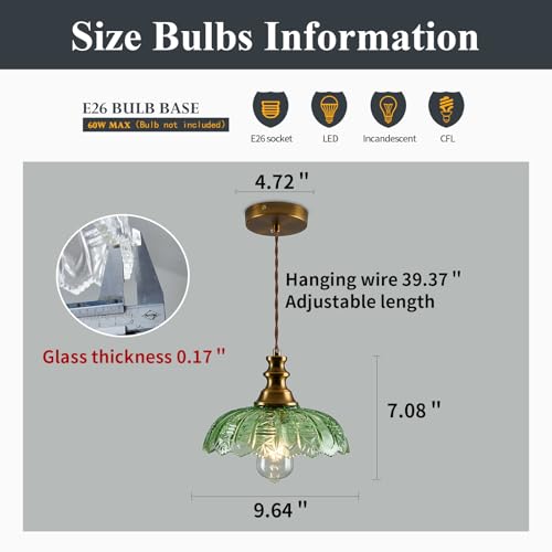 1 Light Pendant Light with Brass Gold Metal Green Glass Shade and Adjustable Cord Industrial Ceiling Hanging Light for Kitchen Island Bar Dining Room Bedroom Foyer Hallway Farmhouse