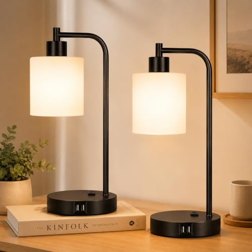 Set of 2 Industrial Touch Control Table Lamps with 2 USB Ports and AC Outlet