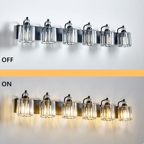 6 Light Black Bathroom Light Fixtures Over Mirror Modern Vanity Lights Crystal Wall Sconce Vintage Bathroom Lighting with Crystal Shade E26 Base for Bedroom