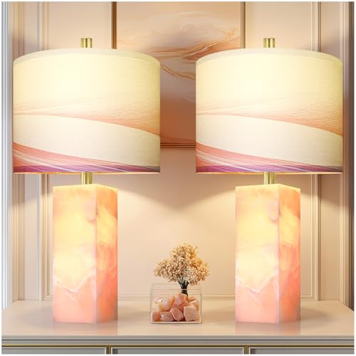 23" Alabaster Table Lamp Set of 2 with Night Light for Bedroom (2 Count)