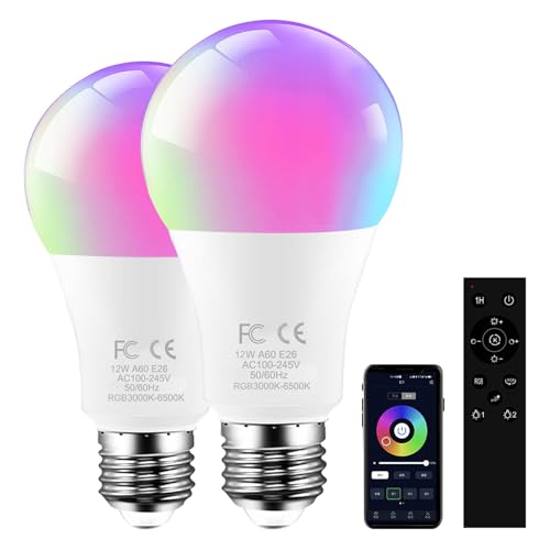 RGBCW E26 Smart Light LED Bulb with a 2.4GHz Remote Control 12W 1000lm Color Changing for Bedroom (2 Count)