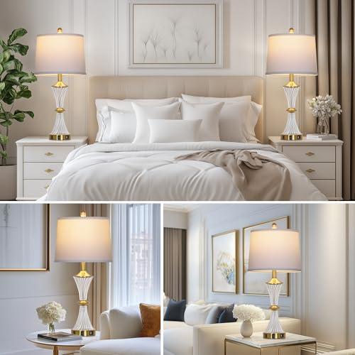 Crystal Glass Table Lamp Set of 2 with USB C+A Ports & AC Outlet (2 Count)