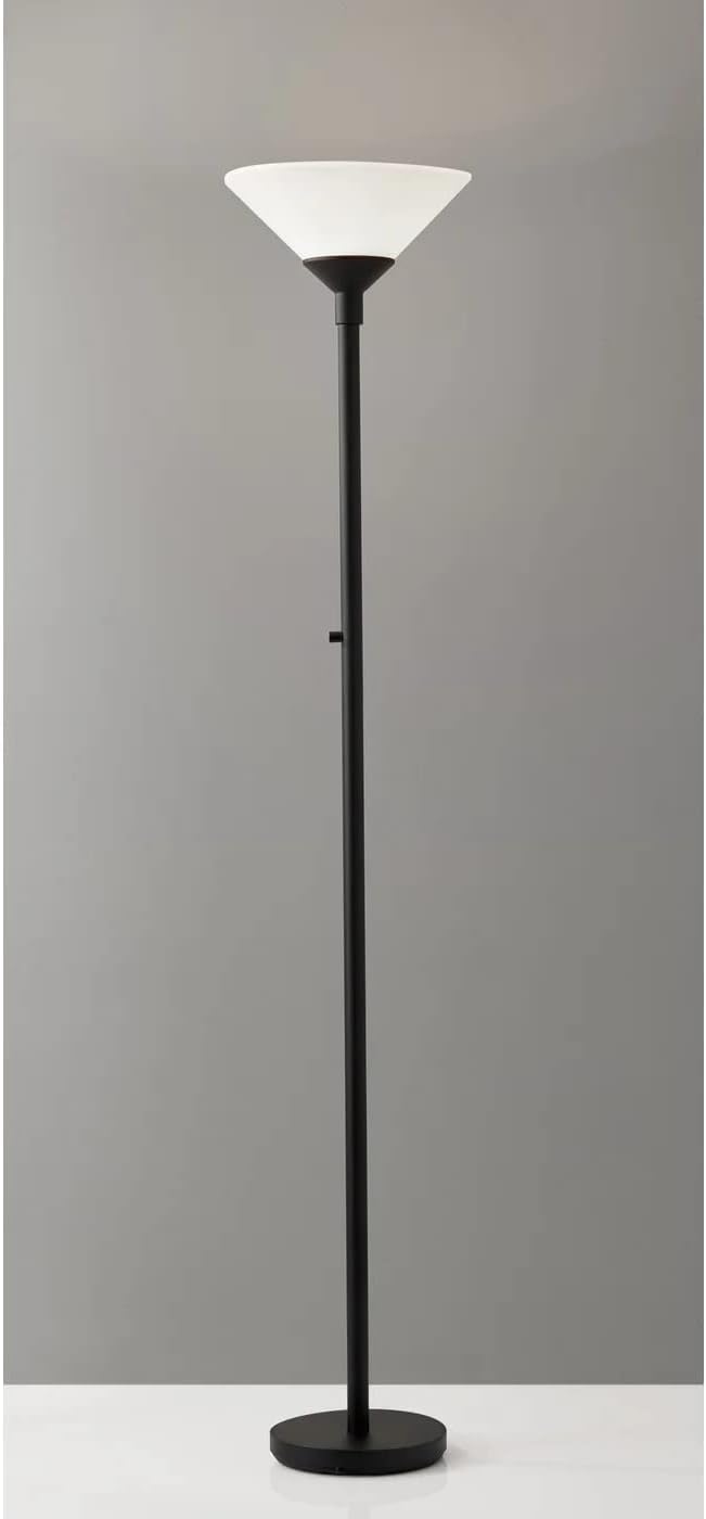 Adesso Black Torchiere Floor Lamp with Frosted White Shade - 300W Double Socket Construction, Modern Accent Lighting for Bedroom, Living Room, or Home Office, 73” Tall