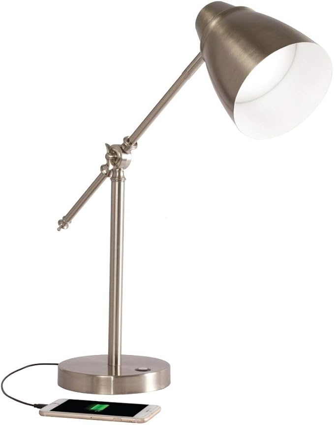 Ottlite Harmonize LED Desk Lamp - 2.1A USB Charging Port, 3 Brightness Settings, Brushed Nickel