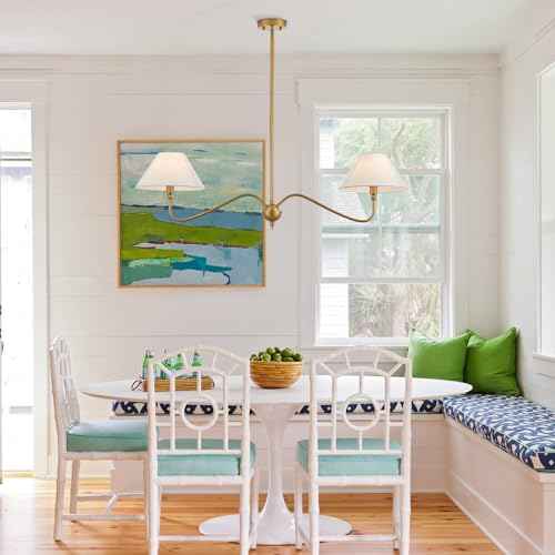 Modern Gold Linear Chandelier for Kitchen Island, 2-Light Linear Light Fixture with Off-White Fabric Shade, Rustic Pendant Light for Dining Room