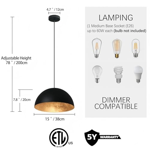 15 Inch Black and Gold Leaf Pendant Light