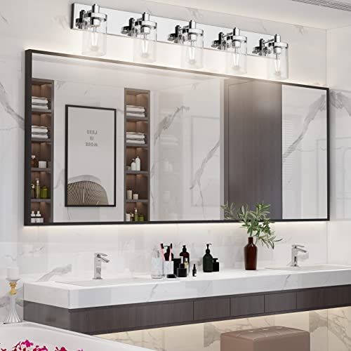 Chrome Bathroom Light Fixtures 5 Light Bathroom Vanity Light Stainless Steel with Clear Glass Shade