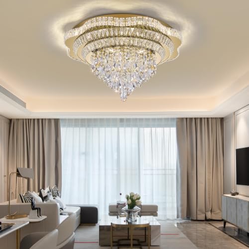 30" Gold Crystal Flush Mount Chandelier Modern LED Ceiling Light Fixture