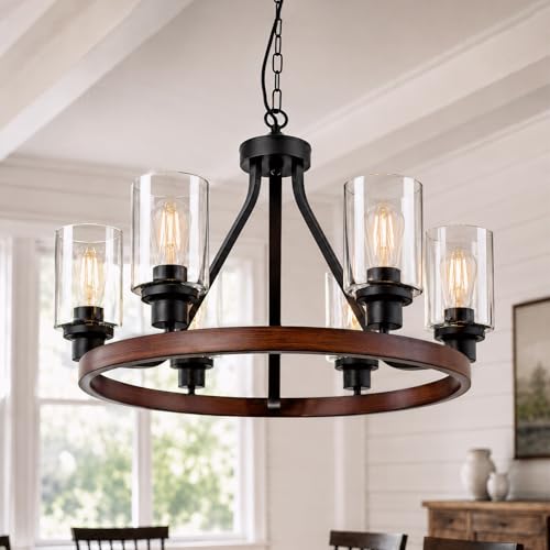 6 Light Farmhose Chandelier for Dining Room Light Fixture Faux Wood Kitchen Pendant Light Round Rustic Ceiling Hanging Lighting with Glass Globes Adjustable Height Metal E26