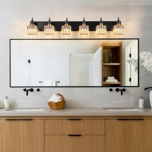 6 Lights Crystal Bathroom Vanity Light Black Gold Modern Bathroom Lighting Fixtures Over Mirror