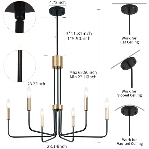 Modern Black and Gold Chandelier 6 Lights Farmhouse Light Fixtures