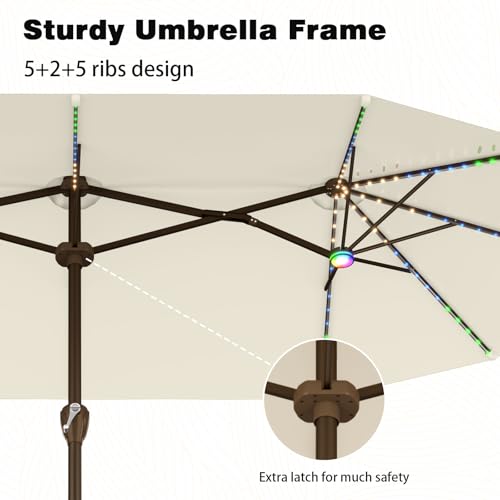 15FT Large Rectangular Patio Umbrella with Solar Lights