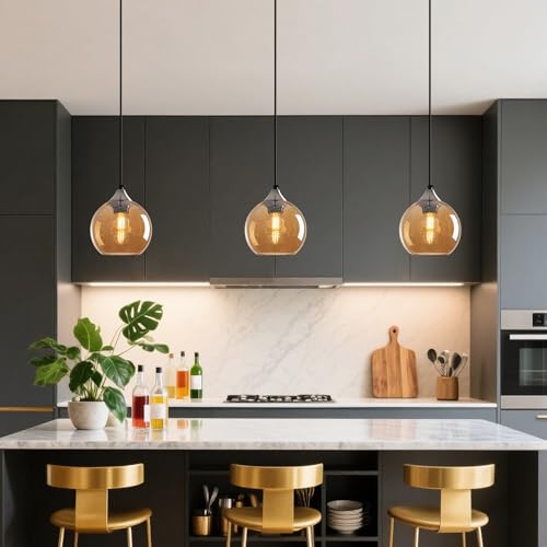 Amber Glass Pendant Lights Kitchen Island Globe Pendant Light Fixtures Modern Pendant Lighting for Bedroom Living Dining Room Light Fixture (3 Count)