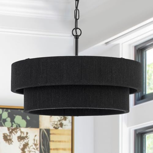 20” Black Hand Woven Rattan Chandelier Boho Pendant Light Adjustable Modern Pendant Light for Kitchen Island Dining Living Room