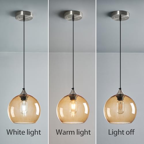 Light Brown Glass Pendant Lights Kitchen Island Lighting Globe Pendant Light Fixtures Modern Pendant Lighting for Bedroom Living Dining Room Light Fixture (3 Count)