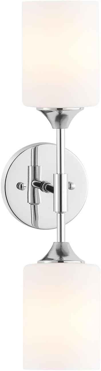 2-Lights Modern Wall Sconce White Cylinder Glass Shades Mid Century Bathroom Vanity Wall Light Fixtures Industrial Wall Lamp for Bedroom Mirror Living Room Restaurant(Chrome Color)