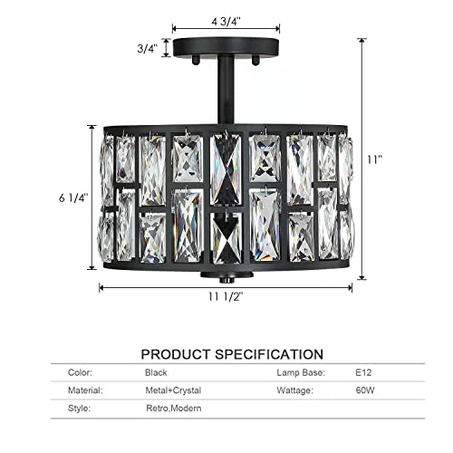 Farmhouse Crystal Round Semi Flush Mount Close to Ceiling Light Fixture