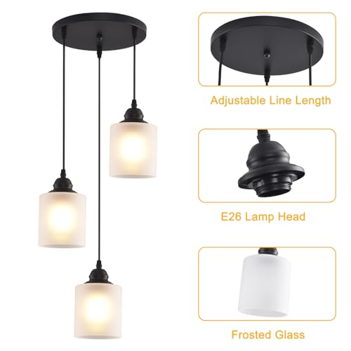 3 Lights Industrial Pendant Light with Glass Shade Matte Black Pendant Lighting Adjustable Industrial Retro Style Hanging Light (3 Count)