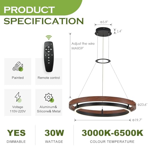 Modern LED Chandelier Circular Farmhouse Red Walnut Color