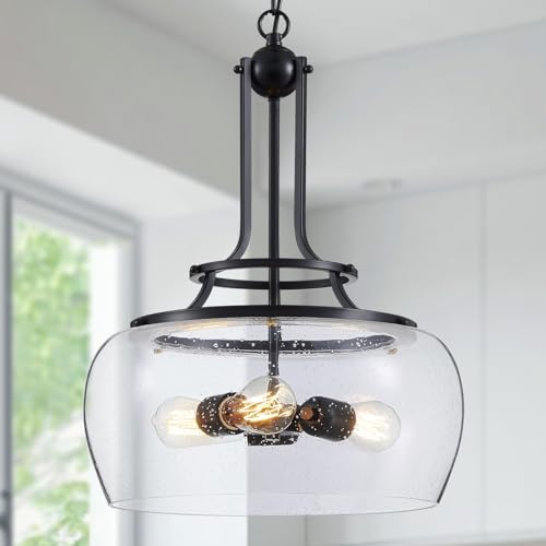 Chandelier Rustic Farmhouse Industrial Round Ceiling Pendant LED Light Fixture Clear Seeded Glass Shade for Dining Room Kitchen Island Foyer Entryway