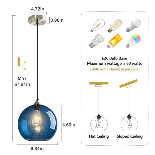 Blue Glass Pendant Lights Kitchen Island Lighting Globe Pendant Light Fixtures Modern Pendant Lighting for Kitchen Island Bedroom Living Dining Room Light Fixture